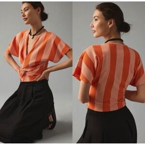 Anthro bishop & young  Orange White Striped Twist Front V-Neck Crop Top boho Y2K